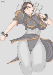Rule 34 | 1girl, artist name, breasts, capcom, chun-li, covered erect nipples, earrings, grey background, jewelry, large breasts, papepox2, parted lips, simple background, solo, street fighter
