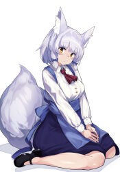 Rule 34 | 1girl, absurdres, animal ear fluff, animal ears, apron, ascot, back bow, blue apron, blue bow, blue skirt, blunt bangs, blush, bow, bowchan, breasts, brown footwear, closed mouth, collared shirt, commentary request, eyelashes, eyes visible through hair, fox ears, fox girl, fox tail, from side, full body, hair bow, head tilt, highres, long sleeves, looking at viewer, machikado mazoku, mary janes, medium breasts, no socks, own hands together, red ascot, riko (machikado mazoku), shirt, shoes, short eyebrows, short hair, sidelocks, simple background, sitting, skirt, solo, suspenders, tail, v arms, wariza, white background, white shirt, yellow eyes