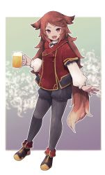 Rule 34 | 1girl, :d, alcohol, animal ears, ankle boots, beer, beer mug, black shorts, boots, border, brown hair, commission, copyright request, cup, fang, fold-over boots, full body, grey pantyhose, highres, holding, holding cup, jacket, lamb-oic029, long sleeves, looking at viewer, mug, open mouth, pantyhose, pink eyes, red jacket, short shorts, shorts, skeb commission, smile, solo, tail, white border