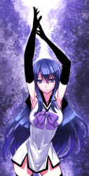 Rule 34 | 10s, 1girl, armpits, arms up, black gloves, black thighhighs, blue eyes, blue hair, breasts, contrapposto, covered navel, cowboy shot, elbow gloves, gloves, gokukoku no brynhildr, kuroha neko, large breasts, long hair, looking at viewer, matching hair/eyes, matsuryuu, parted lips, ribbon, sleeveless, solo, standing, thighhighs, triangle mouth, wide hips, zettai ryouiki