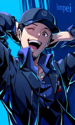 Rule 34 | 1boy, absurdres, arms behind head, arms up, baseball cap, black hair, black jacket, blue hat, blue shirt, character name, collared shirt, facial hair, gekkoukan high school uniform, hat, highres, iori junpei, jacket, jewelry, kumo33, light blush, looking at viewer, male focus, mixed-language commentary, necklace, one eye closed, open clothes, open jacket, open mouth, persona, persona 3, persona 3 reload, school uniform, shirt, short hair, smile, solo, teeth, upper body