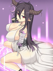 Rule 34 | 10s, 1girl, bandages, bare shoulders, black gloves, black hair, breasts, cleavage, cow girl, cow horns, danua, draph, dress, female focus, fingerless gloves, gloves, gradient background, granblue fantasy, highres, horn ornament, horns, huge breasts, jewelry, kd, lips, long hair, long skirt, looking at viewer, looking back, magic, magic circle, naughty face, necklace, on ground, pointy ears, profile, red eyes, sitting, skirt, solo, striped, striped background, thick lips, thighs, wariza