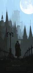 Rule 34 | 1other, absurdres, ambiguous gender, architecture, bloodborne, boots, building, cane, capelet, city, coat, commentary, copyright name, day, english text, from behind, gloves, hat, highres, holding, hunter (bloodborne), lamppost, long sleeves, outdoors, sky, tricorne, tripdancer, wide shot