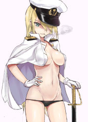 Rule 34 | 10s, 1girl, bad id, bad pixiv id, bismarck (kancolle), black panties, blonde hair, blue eyes, breasts, cigarette, gloves, hair over one eye, hand on own hip, hat, highres, jacket, kantai collection, kyouki, medium breasts, no bra, open clothes, open jacket, panties, peaked cap, smile, smoking, solo, standing, sword, underwear, weapon, white gloves
