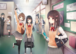 Rule 34 | 3boys, 4girls, ahoge, arm up, armband, bag, bag behind back, bag charm, black footwear, black hair, black legwear, black suit, blazer, blouse, blue eyes, board, bow, bowtie, braid, breasts, brown hair, carrying bag, carrying over shoulder, ceiling, ceiling light, cellphone, chalkboard, charm (object), classroom, clock, closed mouth, collared shirt, commentary request, day, formal, french braid, glasses, green eyes, grey hair, grey pants, grey skirt, guitar case, hair ornament, hair over eyes, hallway, highres, holding, holding bag, holding paper, holding phone, instrument case, jacket, leg up, loafers, long hair, long sleeves, looking at another, looking at viewer, medium hair, multiple boys, multiple girls, one eye closed, open mouth, orange vest, original, pants, paper, phone, pleated skirt, pointing, ponytail, poster (object), red eyes, red neckwear, ria (akl14), school, school uniform, shirt, shirt tucked in, shoes, short hair, sidelocks, skirt, small breasts, smartphone, smile, standing, standing on one leg, suit, swept bangs, tagme, thighhighs, translation request, uwabaki, v arms, vest, walking, white footwear, white shirt, window, wing collar, writing, zettai ryouiki