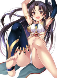 Rule 34 | 1girl, :d, armlet, arms up, ass, asymmetrical legwear, asymmetrical sleeves, bare arms, bare legs, bare shoulders, barefoot, black gloves, black hair, black ribbon, black thighhighs, blush, breasts, crown, earrings, elbow gloves, fate/grand order, fate (series), feet, female focus, foot focus, gem, gloves, hair ribbon, happy, harimoji, hoop earrings, ishtar (fate), jewelry, knees up, large breasts, leaning, leaning back, legs, long hair, looking at viewer, midriff, neck ring, no crown, no shoes, open mouth, panties, pantyshot, pelvic curtain, red eyes, revealing clothes, ribbon, round teeth, shiny skin, simple background, single elbow glove, single glove, single thighhigh, sitting, smile, soles, solo, strapless, teeth, thighhighs, thighlet, toeless legwear, toes, tohsaka rin, two side up, type-moon, underwear, uneven legwear, uneven sleeves, white background, white panties