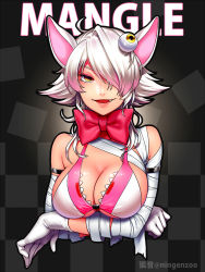 Rule 34 | 1girl, ahoge, animal ears, artist name, bandaged arm, bandaged neck, bandages, bare shoulders, bow, bowtie, bra, breast hold, breasts, character name, checkered background, cleavage, crossed arms, eyeball, eyebrows, fang, five nights at freddy&#039;s, five nights at freddy&#039;s 2, flipped hair, fox ears, gloves, hair over one eye, highres, ko-on (ningen zoo), large bow, large breasts, looking at viewer, mangle, open mouth, personification, red bow, shiny skin, short hair, sideboob, silver hair, skindentation, solo, swept bangs, third eye, tsurime, twitter username, underwear, upper body, white gloves, yellow eyes