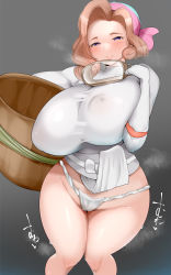 Rule 34 | 1girl, bandana, blush, breasts, brown hair, creatures (company), curly hair, forehead, fundoshi, game freak, gloves, goggles, goggles around neck, highres, huge breasts, hyuuman, japanese clothes, light brown hair, nintendo, nipples, palina (pokemon), pokemon, pokemon legends: arceus, shiny skin, smile, sweat, thick thighs, thighs, wide hips