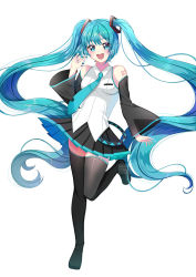 Rule 34 | 1girl, :d, black footwear, black skirt, black sleeves, blue eyes, blue hair, blue nails, blue necktie, blush, boots, breasts, collared shirt, detached sleeves, floating hair, hatsune miku, long hair, long sleeves, looking at viewer, making-of available, miniskirt, nail polish, necktie, open mouth, orihimestudio, pleated skirt, shirt, simple background, skirt, sleeveless, sleeveless shirt, small breasts, smile, solo, standing, standing on one leg, thigh boots, thighhighs, very long hair, vocaloid, watermark, white background, white shirt, wide sleeves, wing collar, zettai ryouiki