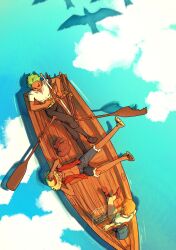 Rule 34 | 1girl, 2boys, bag, boat, crossed legs, cutoffs, from above, green hair, grin, hat, highres, leaning back, logo, lying, miniskirt, monkey d. luffy, multiple boys, nami (one piece), oar, on back, one piece, open clothes, open vest, orange hair, pants, roronoa zoro, rowboat, sandals, scabbard, sheath, sheathed, shirt, shoes, short hair, short sleeves, shorts, sitting, skirt, smile, straw hat, sword, tan, toboldlymuppet, vest, water, watercraft, weapon