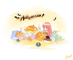Rule 34 | 1boy, 1girl, blush, brown eyes, candle, candlelight, cat, chinese commentary, commentary request, cushion, doll, dragon, fire, halloween, halloween costume, long hair, momo (miracle nikki), nikki (miracle nikki), official art, on ground, open mouth, parted lips, pink hair, pumpkin, shining nikki, signature, sitting, smile, yellow cloak