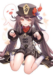 Rule 34 | 1girl, black hat, black shorts, brown hair, chinese clothes, collared shirt, flower, genshin impact, ghost, ghost pose, grey shirt, hat, hat flower, highres, hu tao (genshin impact), jewelry, long hair, long sleeves, looking at viewer, multiple rings, nail polish, plum blossoms, red eyes, ring, rk (rktorinegi), shirt, short shorts, shorts, sitting, smile, socks, solo, star-shaped pupils, star (symbol), symbol-shaped pupils, tailcoat, thighs, tongue, tongue out, twintails, v-shaped eyebrows, very long hair, wariza, white background, white socks, wide sleeves