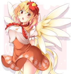 Rule 34 | 1girl, aka tawashi, animal, animal on head, bird, blonde hair, blush, border, breasts, chick, commentary request, cowboy shot, dress, drop shadow, feathered wings, grey background, hair between eyes, highres, large breasts, looking at viewer, multicolored hair, neck ribbon, niwatari kutaka, on head, open mouth, orange dress, outside border, puffy short sleeves, puffy sleeves, red eyes, red hair, red ribbon, ribbon, shirt, short dress, short hair, short sleeves, solo, standing, thighs, touhou, two-tone hair, white border, white shirt, wings, yellow wings