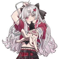 Rule 34 | 1girl, arm tattoo, belt, black belt, black bow, black necktie, bow, glove in mouth, gloves, grey eyes, grey hair, grin, hair bow, heterochromia, highres, ishigami nozomi, long hair, midriff, mouth hold, necktie, nijisanji, pettan (pettanmk4), pink eyes, plaid, plaid skirt, polka dot, polka dot bow, red nails, red shirt, red skirt, shirt, simple background, skirt, smile, solo, tattoo, virtual youtuber, white background