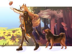 Rule 34 | 1girl, absurdres, animal ears, arknights, blush, boned meat, brown coat, brown footwear, brown hair, brown shirt, brown thighhighs, carrot on stick, ceobe (arknights), coat, crr001, dog, dog ears, dog girl, dog tail, excited, fang, food, from side, full body, highres, long hair, long sleeves, meat, open clothes, open coat, open mouth, outdoors, reaching, reaching towards viewer, red eyes, sheath, sheathed, shirt, solo, tail, thighhighs, very long hair, walking