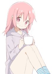 Rule 34 | 1girl, alternate costume, alternate hairstyle, bare legs, blue socks, casual, closed mouth, collarbone, cup, dot nose, drink, eyes visible through hair, feet out of frame, fingernails, flat chest, grey hoodie, hair between eyes, hair down, hands up, happy, head tilt, highres, holding, holding cup, hood, hood down, hoodie, jewelry, kaname madoka, legs together, light blush, looking at viewer, mahou shoujo madoka magica, mahou shoujo madoka magica (anime), medium hair, pink eyes, pink hair, ring, shiny skin, simple background, sitting, smile, socks, solo, steam, striped clothes, striped socks, thighs, tsubaki (tatajd), white background