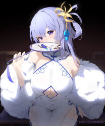 Rule 34 | 1girl, azur lane, bare shoulders, blush, breasts, china dress, chinese clothes, cleavage, clothing cutout, covered navel, covering own mouth, dress, garter straps, hair ornament, hand fan, head tilt, highres, holding, holding fan, huge breasts, leaning forward, light purple hair, long hair, looking at viewer, official alternate costume, paper fan, purple eyes, rodney (azur lane), rodney (immaculate beauty) (azur lane), solo, sonaworld, thighhighs, thighs, underboob cutout, very long hair, white thighhighs