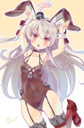 Rule 34 | 10s, 1girl, amatsukaze (kancolle), animal ears, armpits, arms up, blush, boots, brown eyes, choker, collarbone, covered navel, fake animal ears, gradient background, hair tubes, highres, imu sanjo, kantai collection, leg up, leotard, long hair, looking at viewer, orange background, playboy bunny, rabbit ears, rabbit pose, signature, silver hair, solo, thigh boots, thighhighs, triangle mouth, two side up, white background