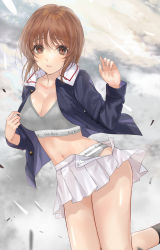 Rule 34 | 1girl, black socks, blue jacket, blush, breasts, brown eyes, brown hair, calvin klein, cleavage, commentary, copyright name, girls und panzer, grey panties, highres, jacket, large breasts, logo parody, long sleeves, looking at viewer, lying, mexif, military, military uniform, miniskirt, navel, nishizumi miho, on side, ooarai military uniform, open clothes, open jacket, open mouth, open skirt, panties, pleated skirt, short hair, skirt, smile, socks, solo, sports bra, underwear, uniform, white skirt, wind
