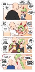 Rule 34 | 1boy, 1girl, absurdres, age progression, bald, blush, breasts, creatures (company), drink, english text, faceless, faceless male, game freak, gardevoir, gen 3 pokemon, green hair, grin, hair over one eye, happy, heart, heart-shaped eyes, height difference, highres, holding, holding drink, huge breasts, kirlia, large breasts, laughing, mega gardevoir, mega pokemon, nintendo, nose blush, pokemon, pokemon (creature), pokephilia, ralts, red eyes, saltyxodium, shirt, size difference, smile, speech bubble, teeth, tongue, tongue out, upper teeth only