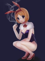 Rule 34 | 1girl, accidental exposure, alice margatroid, animal ears, blonde hair, blush, bow, bowtie, capelet, cigarette, collared capelet, commentary request, cookie (touhou), fake animal ears, frilled hairband, frills, full body, hairband, high heels, highres, holding, holding cigarette, leotard, looking at viewer, mope (nicoseiga 121144798), nipple slip, nipples, open mouth, playboy bunny, purple background, purple eyes, purple leotard, rabbit ears, red bow, red bowtie, red footwear, red hairband, short hair, simple background, smoke, solo, squatting, strapless, strapless leotard, taisa (cookie), touhou, white capelet