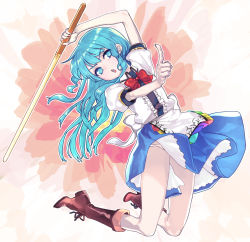 Rule 34 | 1girl, alternate eye color, arm up, blue eyes, blue hair, boots, bow, full body, hinanawi tenshi, knee boots, long hair, looking at viewer, matching hair/eyes, miniskirt, open mouth, panties, pantyshot, puffy sleeves, shirt, skirt, solo, subachi, sword of hisou, touhou, underwear, upskirt, very long hair, white panties