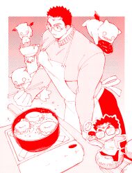 Rule 34 | 1boy, alternate pectoral size, apron, bara, chibi, chibi inset, cooking, creature, devil (housamo), doughnut, facial hair, food, from above, glasses, highres, huge pectorals, inset border, male focus, monochrome, motoori shiro, muscular, muscular male, red theme, rimless eyewear, short hair, sideburns stubble, stubble, thick eyebrows, tokyo houkago summoners, tyou