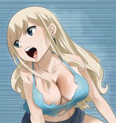 Rule 34 | 1girl, blonde hair, blue eyes, breasts, cleavage, collarbone, colorized, earrings, eden&#039;s zero, gaston18, highres, jewelry, large breasts, long hair, mashima hiro, open mouth, rebecca bluegarden, torn clothes