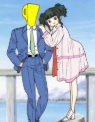 Rule 34 | 1boy, 1girl, artist request, belt, black eyes, black hair, blue sky, blue suit, blunt bangs, character request, commentary request, day, dress, formal, fujii tomo, gundam, hands in pockets, high heels, idolmaster, leaning forward, looking at viewer, necktie, outdoors, p-head producer, parody, producer (idolmaster), shirt, short hair with long locks, sky, suit, twintails, white dress, white shirt, zeta gundam