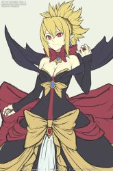 Rule 34 | 1girl, bat wings, blonde hair, bow, breasts, cleavage, closed mouth, demon girl, disgaea, dress, gofelem, jewelry, looking at viewer, makai senki disgaea 2, pointy ears, red eyes, ring, rozalin, short hair, simple background, smile, solo, strapless, strapless dress, wings, yellow bow