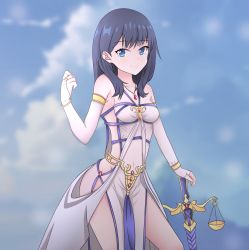 Rule 34 | 10s, 1girl, absurdres, asymmetrical sleeves, black hair, blue theme, blurry, blurry background, breasts, bridal gauntlets, cloud, cosplay, covered navel, day, detached sleeves, fingerless gloves, gloves, goblin slayer!, gridman universe, groin, hand on hilt, highres, long hair, long sleeves, looking at viewer, mahdi, small breasts, solo, ssss.gridman, standing, sword maiden, sword maiden (cosplay), takarada rikka, uneven sleeves, white sleeves