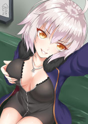 Rule 34 | 1girl, adapted costume, ahoge, ai ai gasa, arm up, black dress, blonde hair, blush, breasts, cleavage, coat, commentary request, dress, fate/grand order, fate (series), fur coat, grabbing own breast, grin, highres, jeanne d&#039;arc (fate), jeanne d&#039;arc alter (fate), jeanne d&#039;arc alter (ver. shinjuku 1999) (fate), jewelry, large breasts, long sleeves, looking at viewer, necklace, official alternate costume, open clothes, reaching, reaching towards viewer, selfie, short hair, sideboob, sitting, sketch, smile, solo, taking picture, thighs, white hair, yellow eyes, yuunagi (0217)