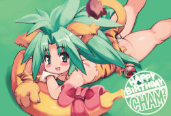 Rule 34 | 1girl, animal ears, animal hands, animal print, ass, banana, bare shoulders, blush, cat ears, cat tail, cham cham, collarbone, fang, food, fruit, gloves, gluteal fold, green eyes, green hair, highres, long hair, lying, matching hair/eyes, on stomach, open mouth, panties, pantyshot, paw gloves, samurai spirits, simple background, smile, snk, solo, tail, teeth, tiger print, underwear, yu 3