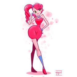 Rule 34 | breasts, cleavage, colored skin, gloves, humanization, lipstick, long hair, makeup, mommy long legs, off shoulder, personification, pink skin, poppy playtime, side ponytail, wedge heels