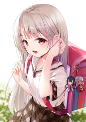 Rule 34 | 1girl, backpack, bag, blush, breasts, character charm, charm (object), collared shirt, fate/kaleid liner prisma illya, fate (series), highres, illyasviel von einzbern, long hair, looking at viewer, open mouth, randoseru, red eyes, red ribbon, ribbon, shirt, small breasts, smile, solo, white hair, white shirt, yan (nicknikg)