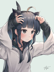 Rule 34 | 1girl, ahoge, animal ears, artemis of the blue, atelier live, black eyes, black hair, blush, close-up, commentary, dated, embarrassed, english commentary, fake animal ears, highres, looking ahead, shark fin, signature, solo, tofumang, virtual youtuber