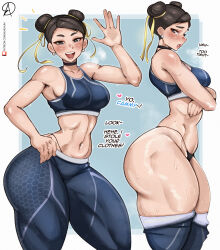 Rule 34 | 1girl, absurdres, almualim, ass, bare shoulders, black panties, blue background, blue leggings, blush, border, breasts, brown eyes, brown hair, capcom, choker, chun-li, collarbone, cowboy shot, double bun, earrings, english text, from side, hair bun, hair ribbon, half-closed eyes, highres, huge ass, jewelry, leggings, leggings pull, lips, medium breasts, midriff, multiple views, narrow waist, navel, open mouth, panties, ribbon, simple background, sleeveless, smile, solo, sports bra, standing, steam, street fighter, sweat, teeth, thick thighs, thighs, thong, underwear, upper teeth only, white border