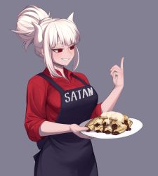 Rule 34 | 1girl, apron, black apron, blunt bangs, breasts, character name, collared shirt, commentary, cowboy shot, cream, demon girl, demon horns, demon tail, food, grey background, grin, hand up, helltaker, highres, holding, holding plate, horns, jdw, large breasts, long hair, looking at hand, lucifer (helltaker), mole, mole under eye, plate, ponytail, red eyes, red shirt, shirt, sleeves past elbows, smile, solo, tail, white hair, white horns