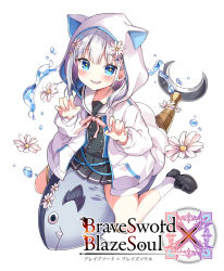Rule 34 | + +, 1girl, animal ears, animal hood, black footwear, black shirt, black skirt, blue eyes, blush, brave sword x blaze soul, character request, claw pose, commentary request, copyright name, fake animal ears, flower, hair flower, hair ornament, hairclip, hood, hood up, hooded jacket, jacket, loafers, long sleeves, looking at viewer, myuton, official art, open clothes, open jacket, parted lips, pleated skirt, sailor collar, school uniform, serafuku, sharp teeth, shirt, shoes, sitting, skirt, socks, solo, stuffed animal, stuffed fish, stuffed toy, teeth, wariza, water, watermark, white background, white flower, white hair, white jacket, white sailor collar, white socks