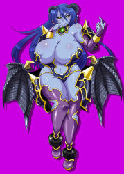 Rule 34 | 1girl, areola slip, armor, astaroth (shinrabanshou), bare shoulders, blue hair, blue skin, boots, breasts, cleavage, colored skin, demon girl, detached sleeves, devil, earrings, fingerless gloves, gloves, highres, horns, huge breasts, jewelry, jpeg artifacts, long hair, navel, pendant, plump, pointy ears, purple skin, shinrabanshou, simple background, smile, solo, standing, tail, thick thighs, thigh boots, thighs, u-ma, wide hips, wings, yellow eyes