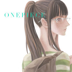 Rule 34 | 1girl, bag, black hair, blunt bangs, blush, copyright name, female focus, glasses, long hair, long sleeves, looking to the side, lowres, nico robin, one piece, one piece: strong world, ponytail, rimless eyewear, shirt, simple background, solo, striped clothes, striped shirt, upper body, white background