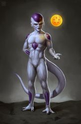 Rule 34 | 1boy, absurdres, arm behind back, astor alexander, black nails, dragon ball, dragon ball (object), dragonball z, frieza, full body, highres, male focus, nail polish, red eyes, smile, solo, tail, watermark
