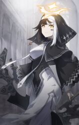 Rule 34 | arrow cross, asymmetrical gloves, black capelet, black hair, borrowed character, braid, braided ponytail, breasts, capelet, celtic cross, church, closed mouth, coif, commissioner name, cross, doll joints, facial mark, gloves, habit, had (had314), halo, highres, holding, holding weapon, hourglass, joints, large breasts, mismatched gloves, multicolored hair, nun, orange eyes, original, stole, thank you, two-tone hair, veil, violet (ac8231), weapon, white hair