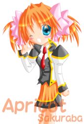 Rule 34 | 00s, 1girl, apricot sakuraba, blue eyes, blush, broccoli (company), character name, flower, galaxy angel, galaxy angel rune, looking at viewer, non-web source, one eye closed, orange hair, puffy sleeves, ribbon, short hair, short twintails, simple background, skirt, solo, twintails, uniform, v, white background, wink