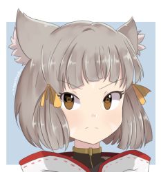 Rule 34 | 1girl, animal ear fluff, blunt bangs, blunt ends, brown eyes, chocomiru, commentary, english commentary, frown, grey hair, looking at viewer, nia (xenoblade), nintendo, outside border, portrait, short hair, solo, v-shaped eyebrows, xenoblade chronicles (series), xenoblade chronicles 2