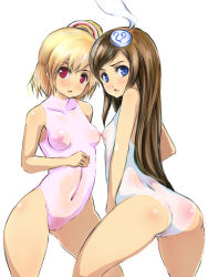 Rule 34 | 2girls, ass, blonde hair, blue eyes, blush, breasts, brown hair, cameltoe, cleft of venus, emilia percival, hair ornament, highres, johan (johan13), long hair, lumia waber, multiple girls, nipples, one-piece swimsuit, phantasy star, phantasy star portable 2, red eyes, see-through, side ponytail, small breasts, swimsuit, wet, wet clothes