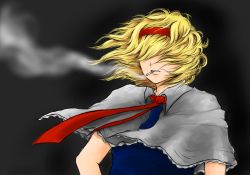 Rule 34 | 1girl, alice margatroid, bad id, bad pixiv id, blonde hair, blue dress, capelet, cigarette, commentary, cookie (touhou), dress, frilled capelet, frills, grey background, hair between eyes, hair over eyes, hairband, jigen (cookie), mumu (0x3777), necktie, red hairband, red necktie, short hair, smoking, solo, touhou, upper body, white capelet