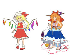 Rule 34 | 2girls, barefoot, blonde hair, bow, chain, cuffs, female focus, flandre scarlet, flat color, full body, hair bow, hand on own hip, hat, hip focus, horns, ibuki suika, mary janes, matsutani, multiple girls, orange hair, red eyes, shoes, side ponytail, simple background, skirt, touhou, white background, wings