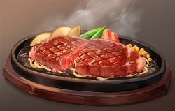 Rule 34 | brown background, commentary request, food, food focus, food request, gradient background, gunjima souichirou, no humans, original, sizzler plate, steak, steam, still life
