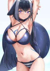 Rule 34 | 1girl, :3, animal ears, armpits, arms up, bikini, black hair, blush, breasts, cetacean tail, choker, cleavage, collar, facepaint, fins, fish tail, heart, heart-shaped pupils, highres, indie virtual youtuber, large breasts, long hair, looking at viewer, multicolored hair, navel, orca girl, purple eyes, shylily, shylily (bikini), skai kun, solo, streaked hair, striped bikini, striped clothes, swimsuit, symbol-shaped pupils, tail, tattoo, thigh gap, virtual youtuber, wet, white hair